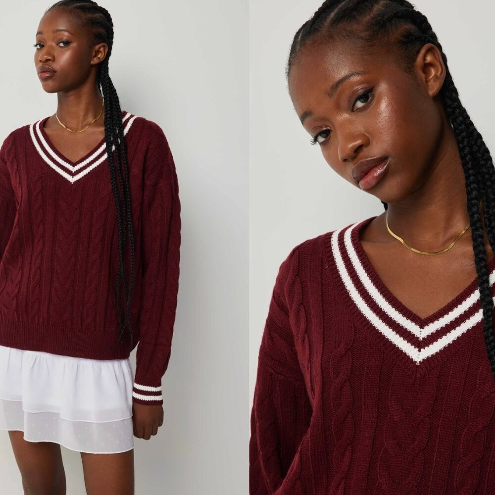 Ardene Burgundy Varsity-Style Cable Knit Sweater